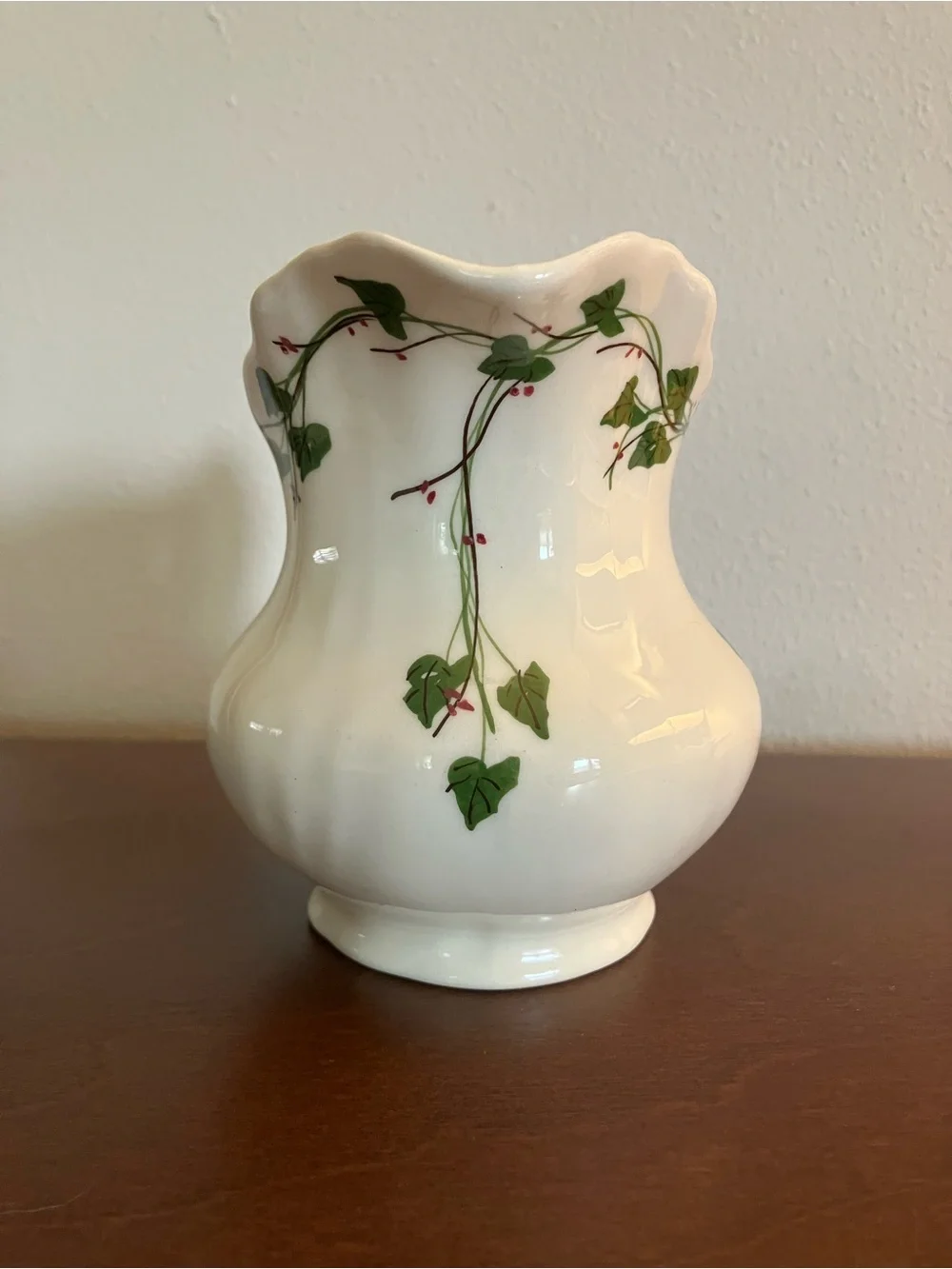 White Ceramic Creamer with Green Vine Motif